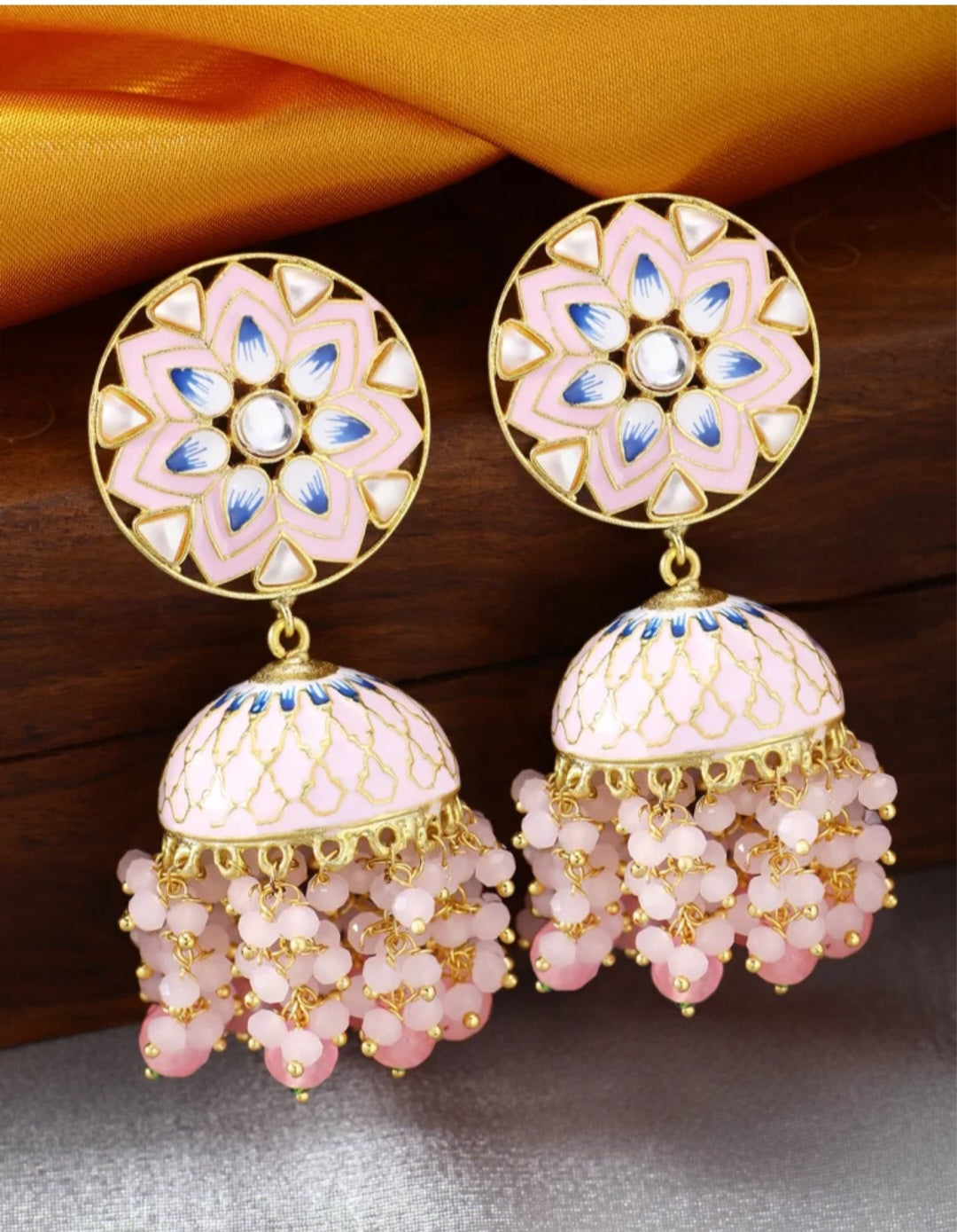 Gold-Plated Pink Dome-Shaped Meenakari Jhumkas