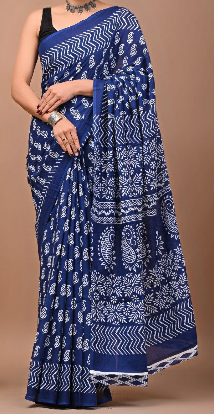 Mulmul Cotton Saree - Indigo Navy Blue