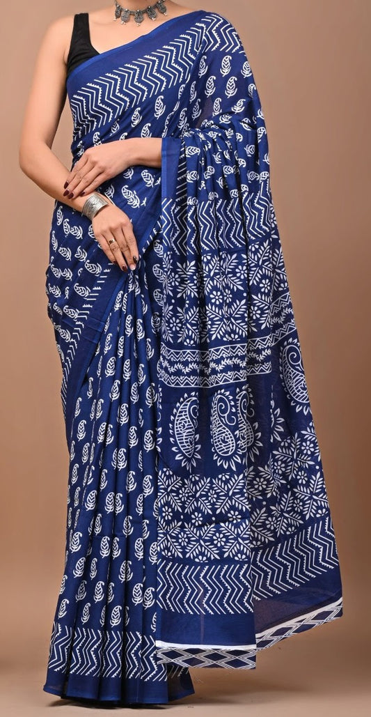 Mulmul Cotton Saree - Indigo Navy Blue