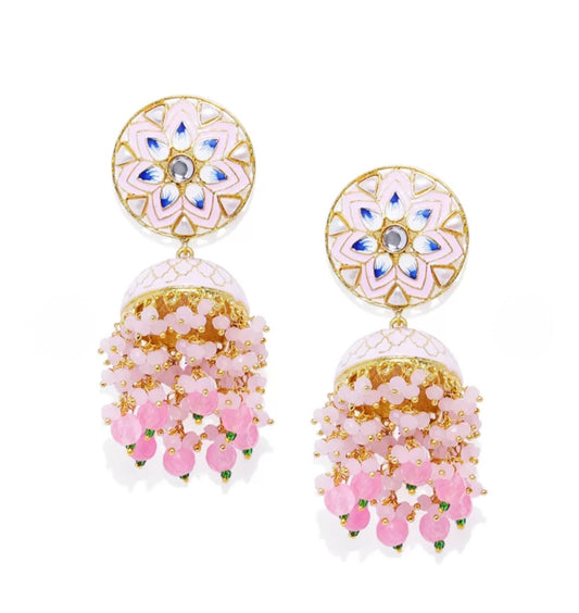 Gold-Plated Pink Dome-Shaped Meenakari Jhumkas