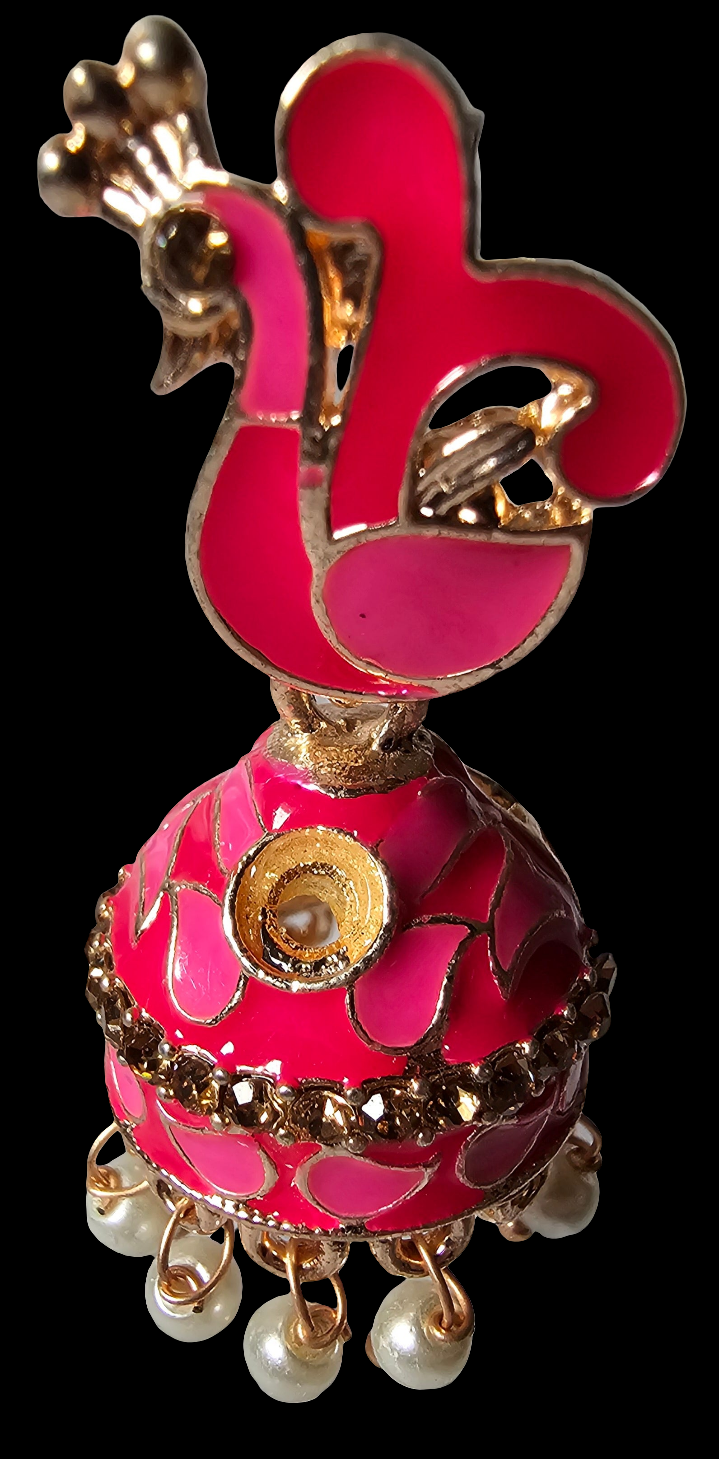 Adorable Pink Peacock Jhumka Earrings with Pearl Droplets and Green Stones