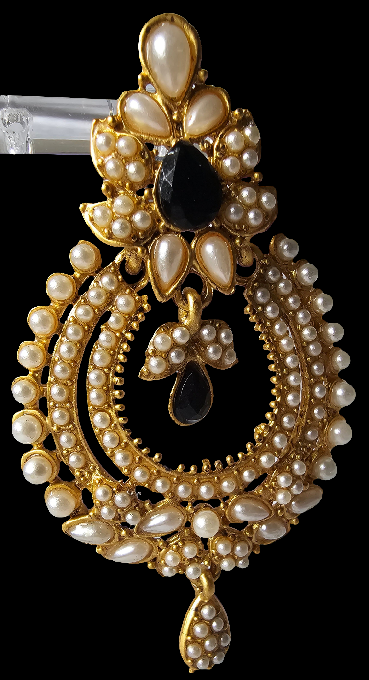 Celestial Gold Chandbali with White Pearls and Black Stone Accents