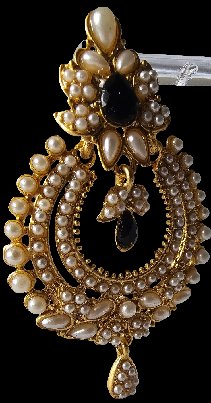 Celestial Gold Chandbali with White Pearls and Black Stone Accents