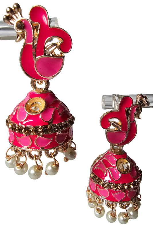 Adorable Pink Peacock Jhumka Earrings with Pearl Droplets and Green Stones