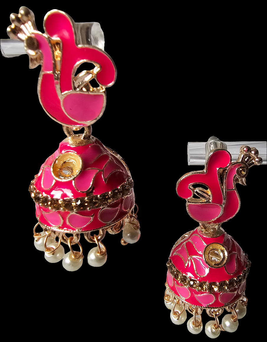 Adorable Pink Peacock Jhumka Earrings with Pearl Droplets and Green Stones