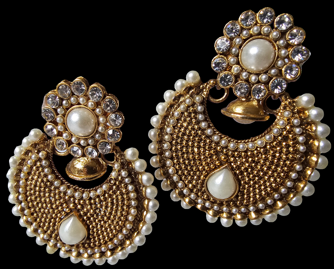 Classic Gold and White pearl Studded Chandbali