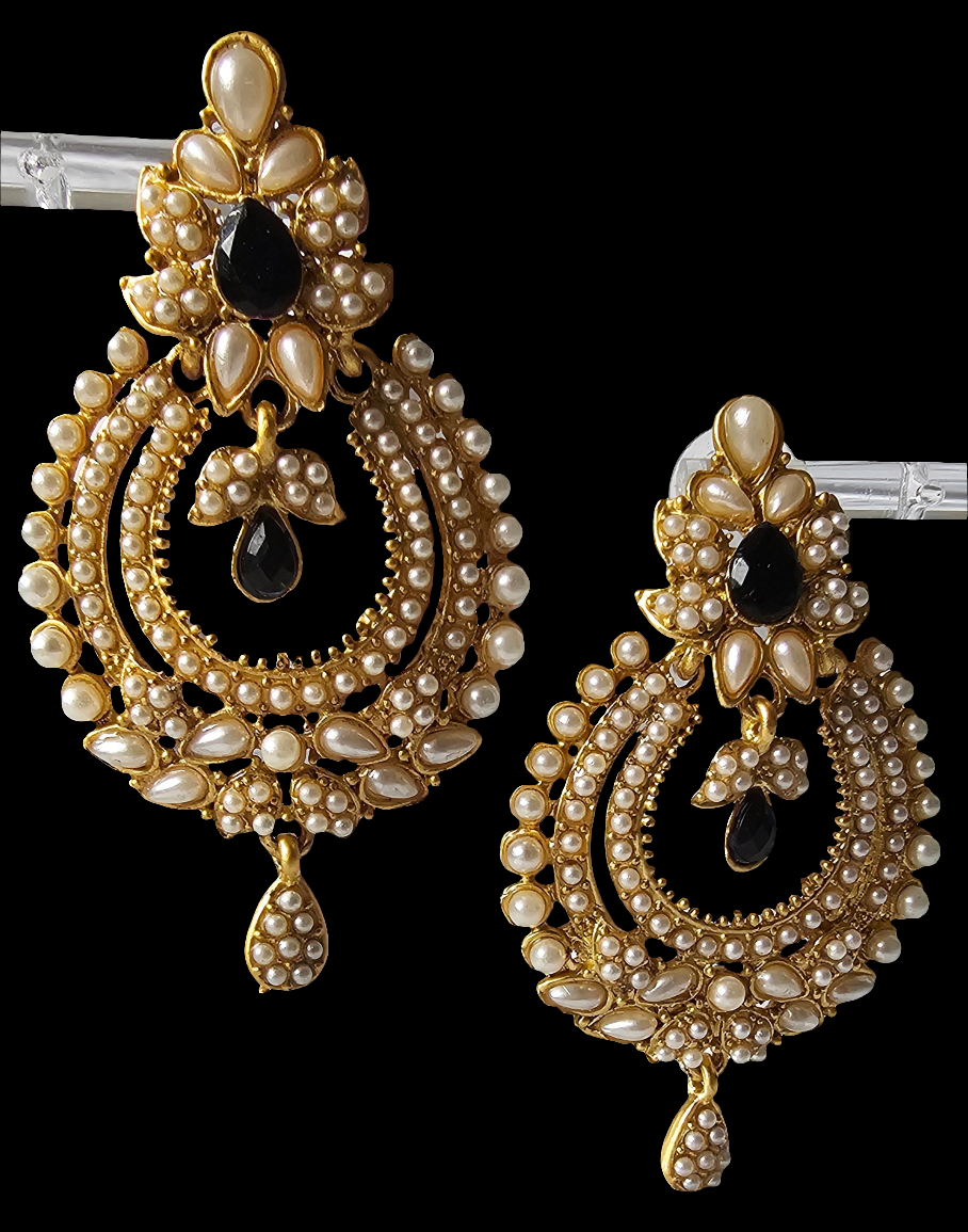 Celestial Gold Chandbali with White Pearls and Black Stone Accents