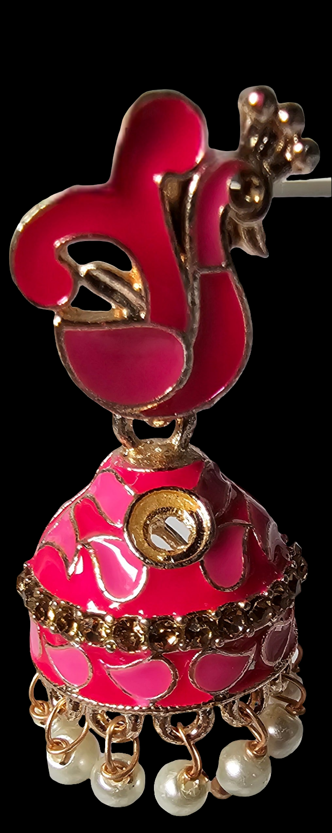 Adorable Pink Peacock Jhumka Earrings with Pearl Droplets and Green Stones