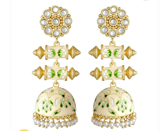 Enamel Kundan Pearl Wedding Drop Dangle Flower-Shaped Jhumki Earrings