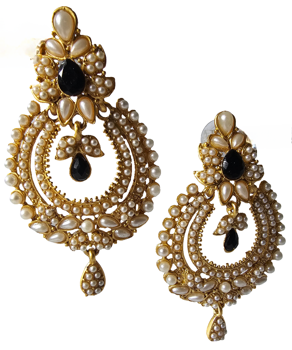 Celestial Gold Chandbali with White Pearls and Black Stone Accents