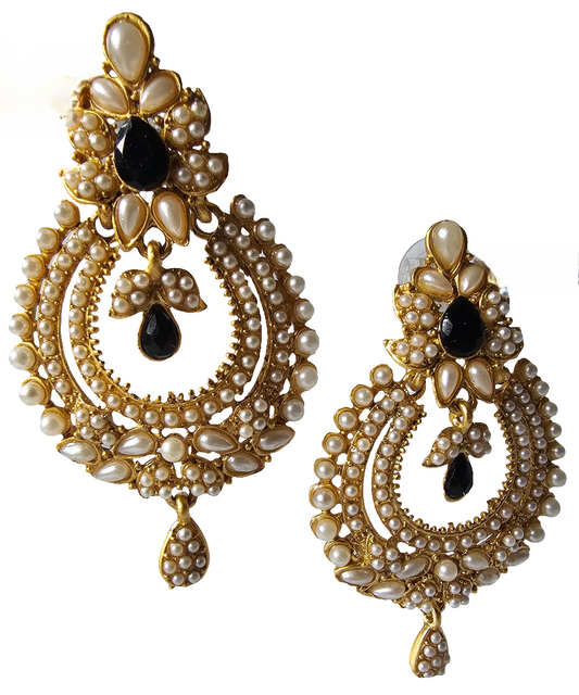 Celestial Gold Chandbali with White Pearls and Black Stone Accents